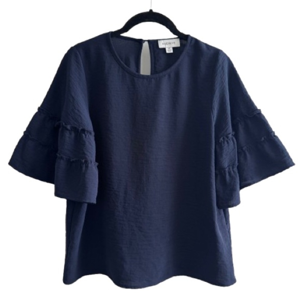 Evereve Navy Blue Ruffle Short Sleeve Blouse Top Keyhole